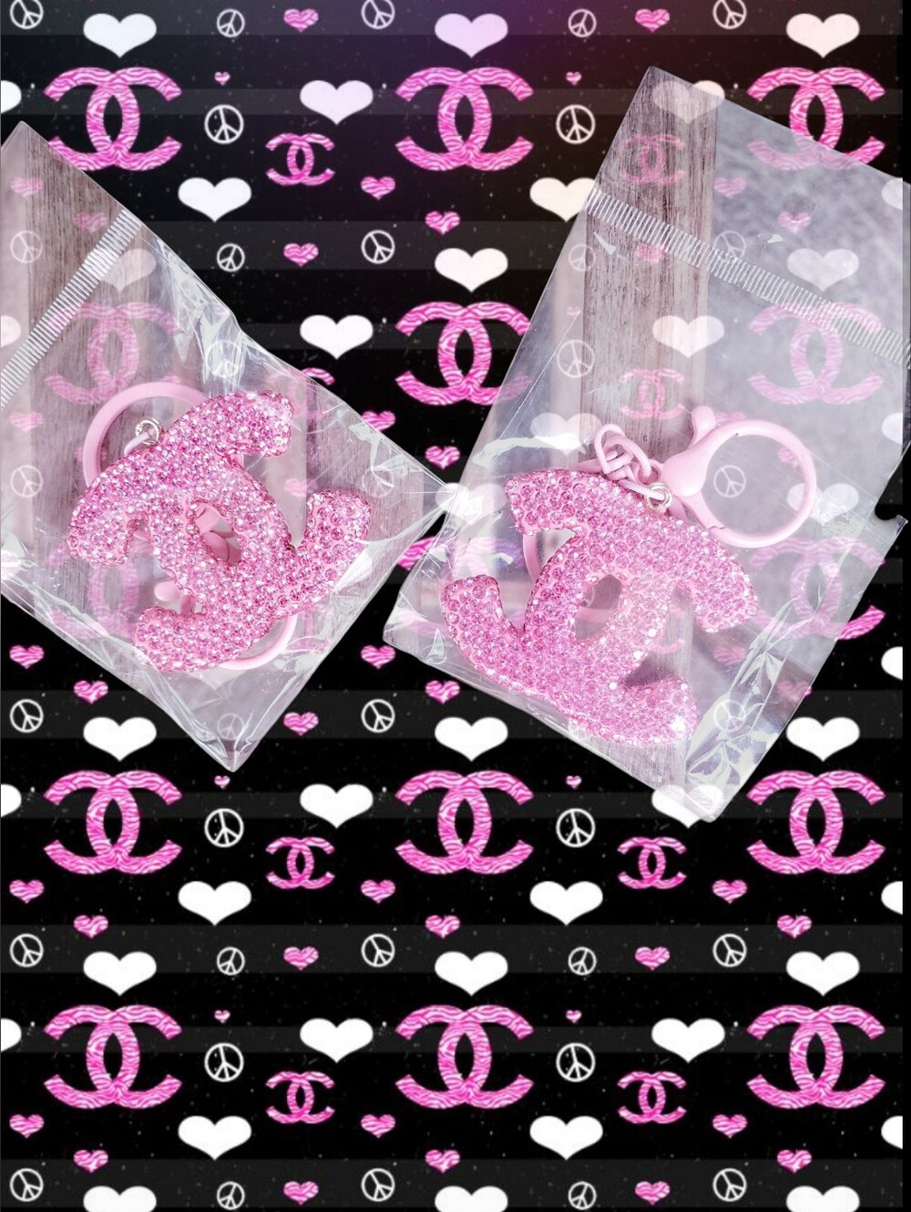*Y2K GiRLiES* (2) Pink Rhinestone Interlock C C Keychains